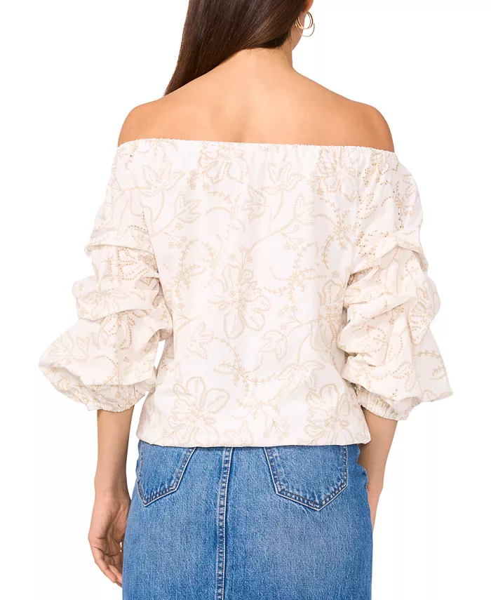 Alfani Vince Camuto Women's Floral Embroidered Off-The-Shoulder Bubble 3/4-Sleeve Tie-Front Blouse Women's Fashion Shoes & Accessories