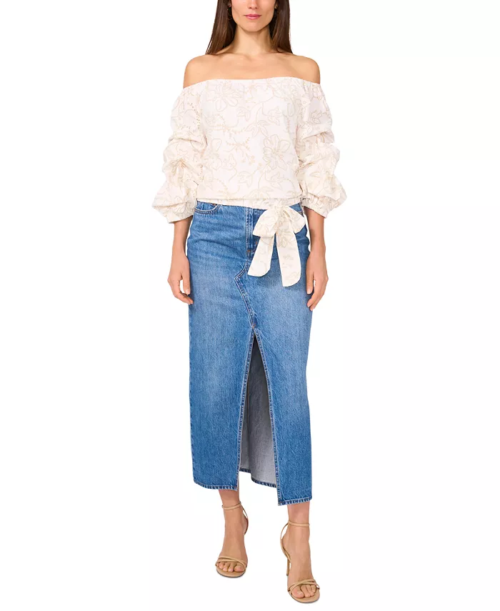 Alfani Vince Camuto Women's Floral Embroidered Off-The-Shoulder Bubble 3/4-Sleeve Tie-Front Blouse Women's Fashion Shoes & Accessories