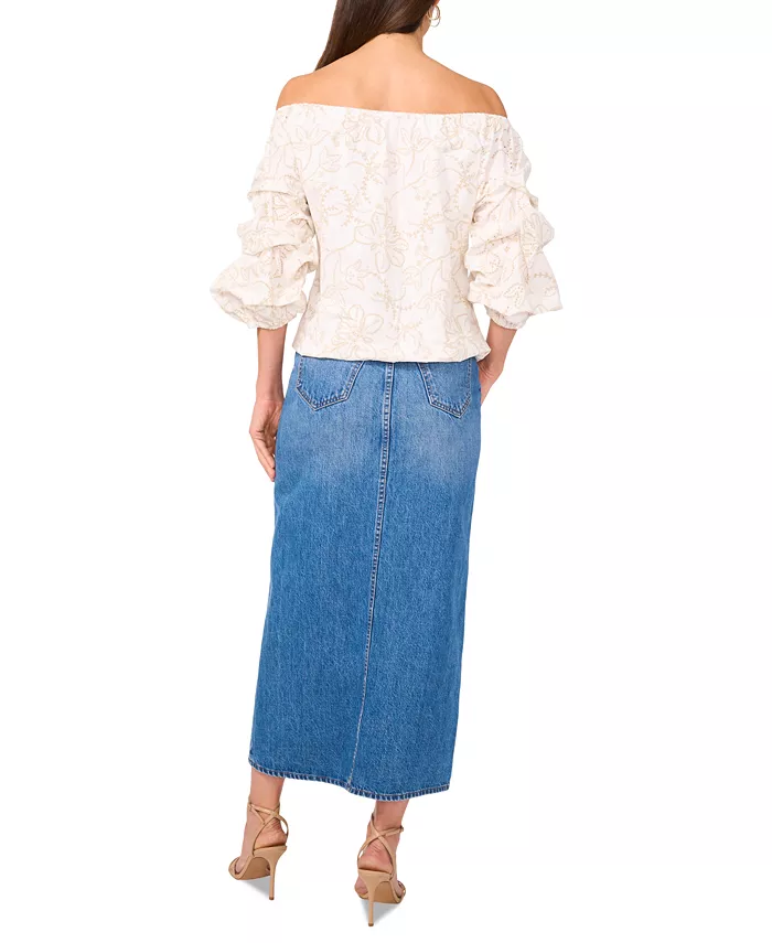 Alfani Vince Camuto Women's Floral Embroidered Off-The-Shoulder Bubble 3/4-Sleeve Tie-Front Blouse Women's Fashion Shoes & Accessories