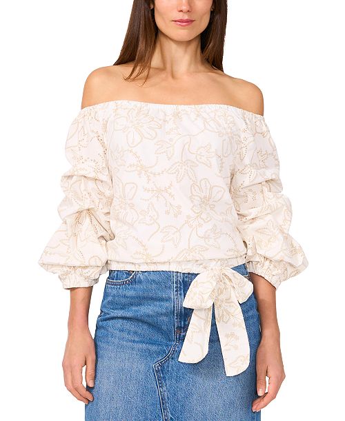 alfani Vince Camuto Women's Floral Embroidered Off-The-Shoulder Bubble 3/4-Sleeve Tie-Front Blouse Women's Fashion Shoes & Accessories