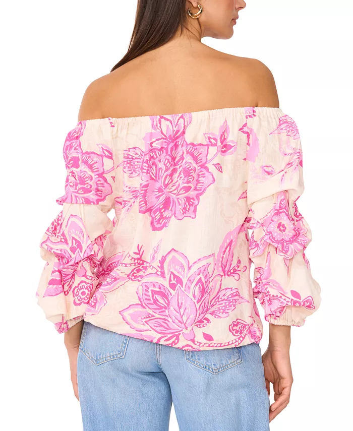Alfani Vince Camuto Women's Floral Linen-Blend Off-The-Shoulder Bubble 3/4-Sleeve Tie-Front Blouse Women's Fashion Shoes & Accessories