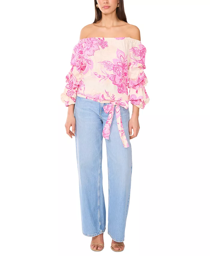 Alfani Vince Camuto Women's Floral Linen-Blend Off-The-Shoulder Bubble 3/4-Sleeve Tie-Front Blouse Women's Fashion Shoes & Accessories