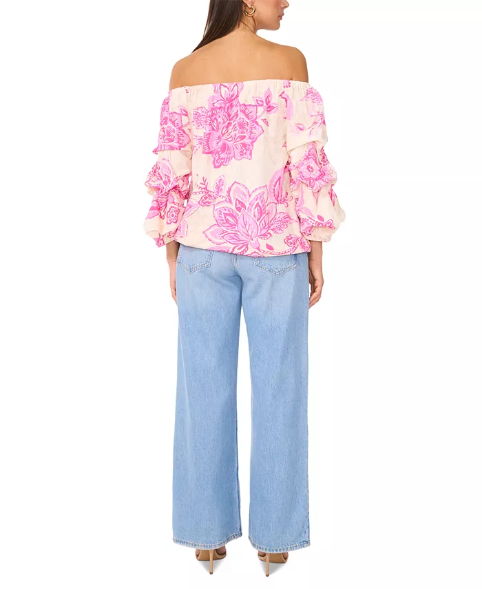 Alfani Vince Camuto Women's Floral Linen-Blend Off-The-Shoulder Bubble 3/4-Sleeve Tie-Front Blouse Women's Fashion Shoes & Accessories