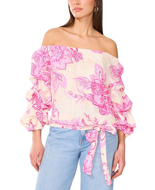 alfani Vince Camuto Women's Floral Linen-Blend Off-The-Shoulder Bubble 3/4-Sleeve Tie-Front Blouse Women's Fashion Shoes & Accessories