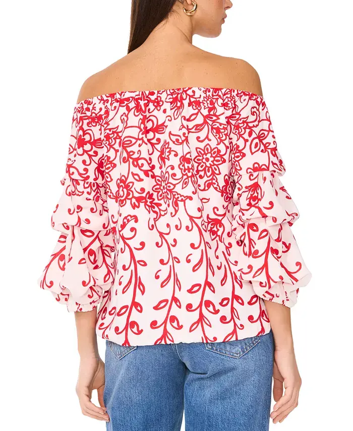 Alfani Vince Camuto Women's Floral Off The Shoulder Bubble Sleeve Tie Front Blouse Women's Fashion Shoes & Accessories