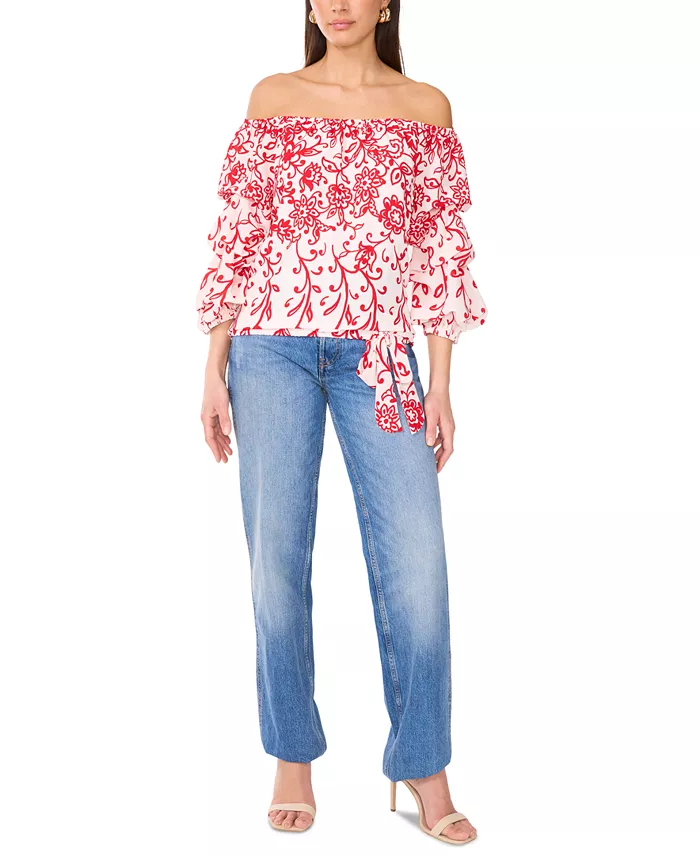 Alfani Vince Camuto Women's Floral Off The Shoulder Bubble Sleeve Tie Front Blouse Women's Fashion Shoes & Accessories