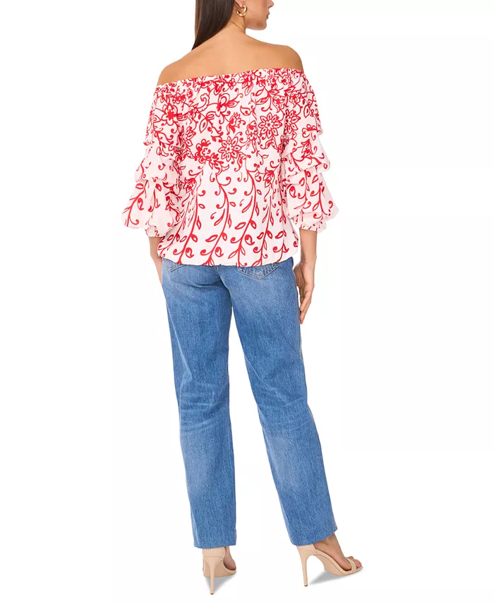 Alfani Vince Camuto Women's Floral Off The Shoulder Bubble Sleeve Tie Front Blouse Women's Fashion Shoes & Accessories
