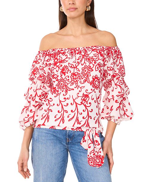 alfani Vince Camuto Women's Floral Off The Shoulder Bubble Sleeve Tie Front Blouse Women's Fashion Shoes & Accessories