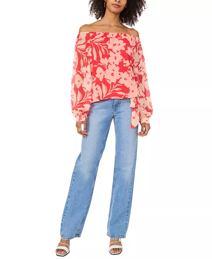 Alfani Vince Camuto Women's Floral Off-The-Shoulder Long-Sleeve Tie-Front Blouse Women's Fashion Shoes & Accessories