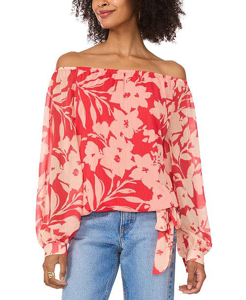 alfani Vince Camuto Women's Floral Off-The-Shoulder Long-Sleeve Tie-Front Blouse Women's Fashion Shoes & Accessories