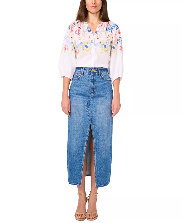 Alfani Vince Camuto Women's Floral-Print 3/4-Sleeve Split-Neck Top Women's Fashion Shoes & Accessories