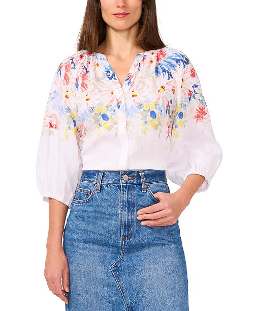 alfani Vince Camuto Women's Floral-Print 3/4-Sleeve Split-Neck Top Women's Fashion Shoes & Accessories