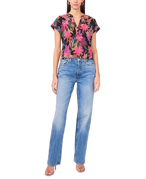 alfani Vince Camuto Women's Floral-Print Cap-Sleeve Top Women's Fashion Shoes & Accessories