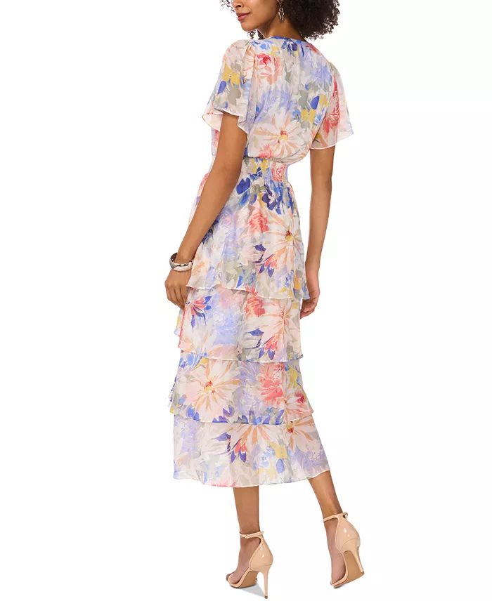Alfani Vince Camuto Women's Floral-Print Flutter-Sleeve Tiered Midi Dress Women's Fashion Shoes & Accessories