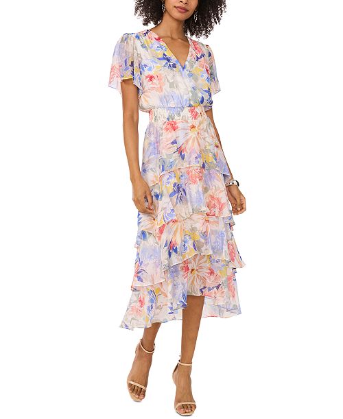 alfani Vince Camuto Women's Floral-Print Flutter-Sleeve Tiered Midi Dress Women's Fashion Shoes & Accessories
