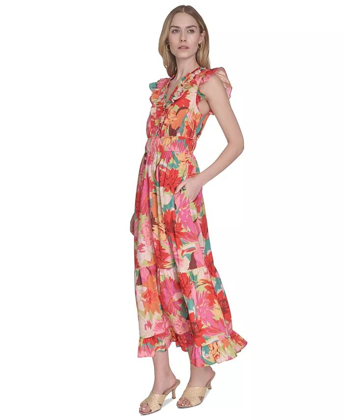 Alfani Vince Camuto Women's Floral-Print Ruffled-Shoulder Dress Women's Fashion Shoes & Accessories