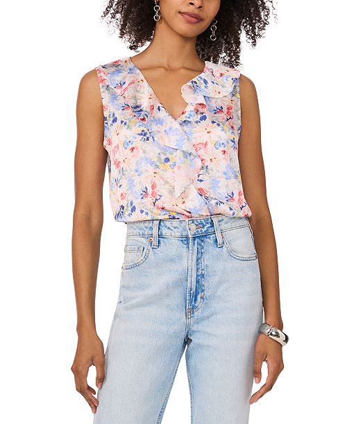 alfani Vince Camuto Women's Floral-Print Ruffled Sleeveless Top Women's Fashion Shoes & Accessories