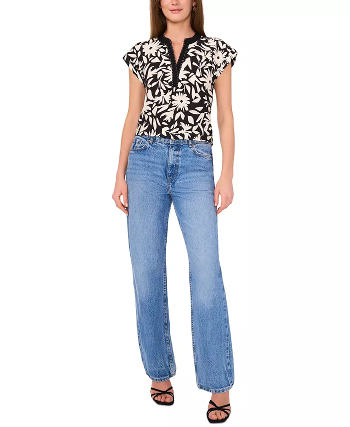 Alfani Vince Camuto Women's Floral-Print Split-Neck Cap-Sleeve Top Women's Fashion Shoes & Accessories