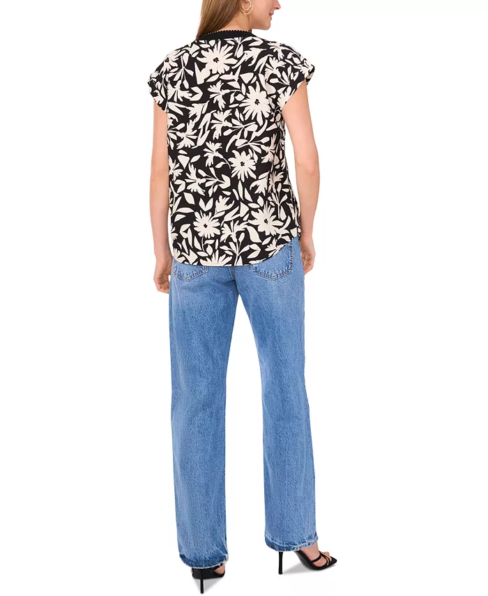 Alfani Vince Camuto Women's Floral-Print Split-Neck Cap-Sleeve Top Women's Fashion Shoes & Accessories