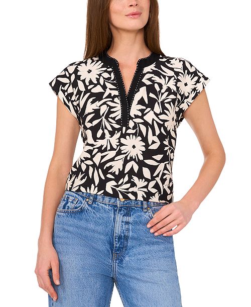 alfani Vince Camuto Women's Floral-Print Split-Neck Cap-Sleeve Top Women's Fashion Shoes & Accessories