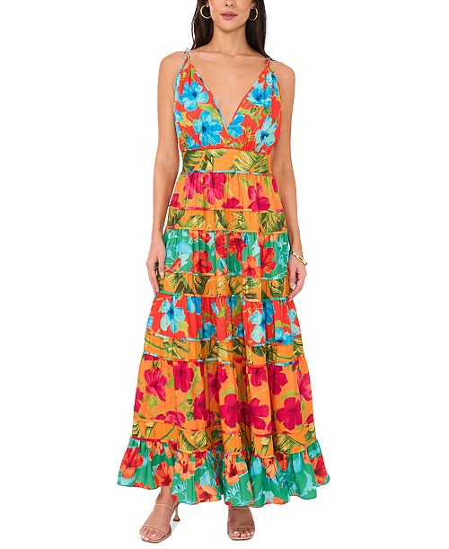 alfani Vince Camuto Women's Floral-Print Tiered Deep V-Neck Dress Women's Fashion Shoes & Accessories