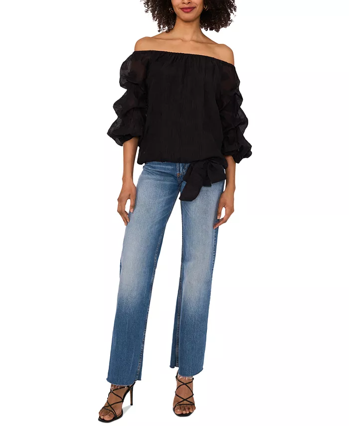 Alfani Vince Camuto Women's Paisley-Print Off-The-Shoulder Bubble 3/4-Sleeve Tie-Front Blouse Women's Fashion Shoes & Accessories