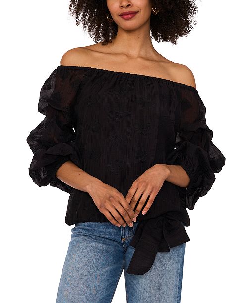 alfani Vince Camuto Women's Paisley-Print Off-The-Shoulder Bubble 3/4-Sleeve Tie-Front Blouse Women's Fashion Shoes & Accessories