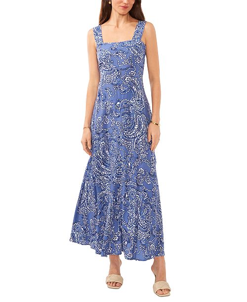 alfani Vince Camuto Women's Paisley-Print Square-Neck Smocked-Back Sleeveless Maxi Dress Women's Fashion Shoes & Accessories