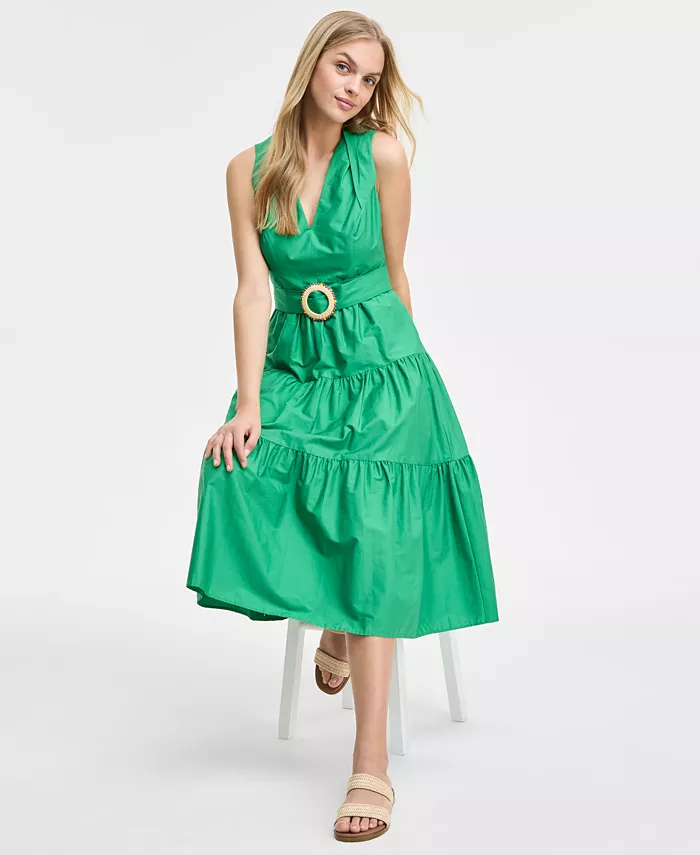 Alfani Vince Camuto Women's Pleat-Neck Cotton Sleeveless Dress Women's Fashion Shoes & Accessories