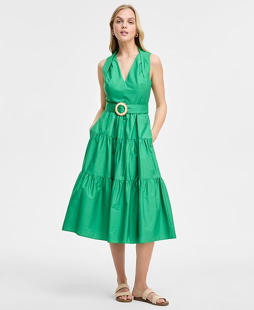 alfani Vince Camuto Women's Pleat-Neck Cotton Sleeveless Dress Women's Fashion Shoes & Accessories