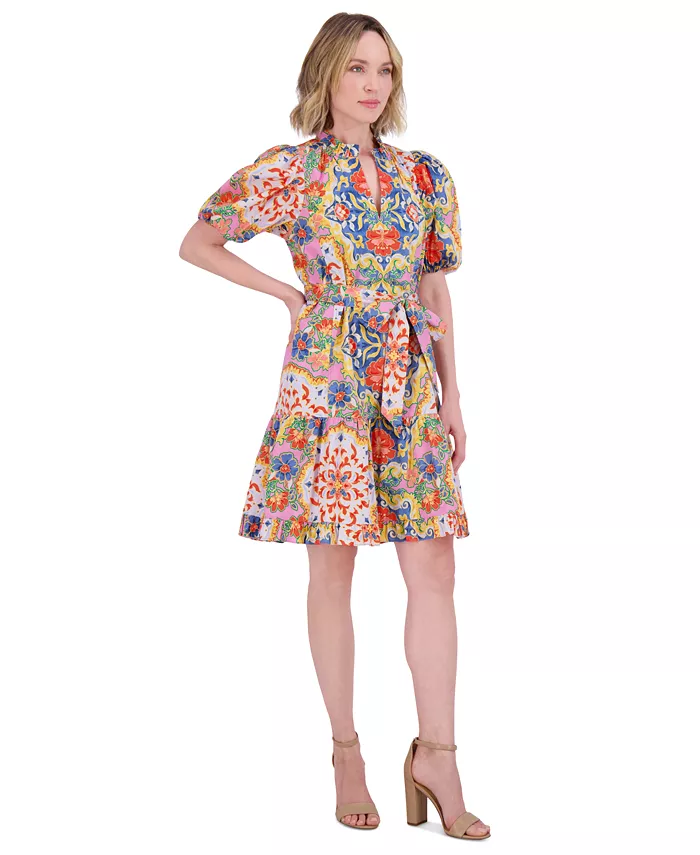 Alfani Vince Camuto Women's Printed Cotton Tie-Waist A-Line Dress Women's Fashion Shoes & Accessories