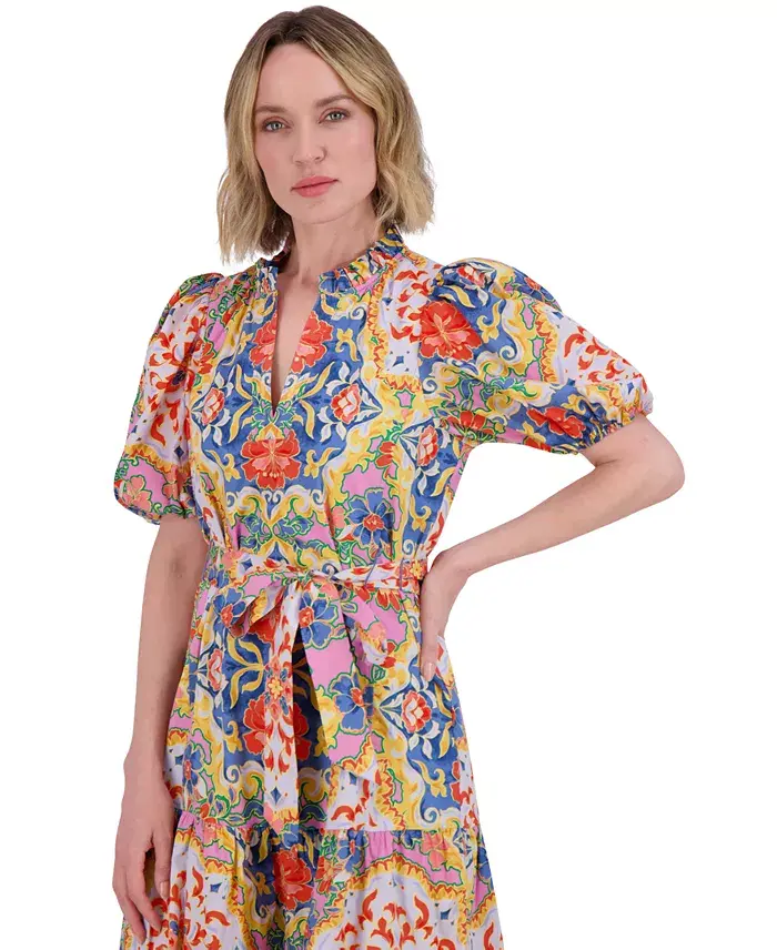 Alfani Vince Camuto Women's Printed Cotton Tie-Waist A-Line Dress Women's Fashion Shoes & Accessories