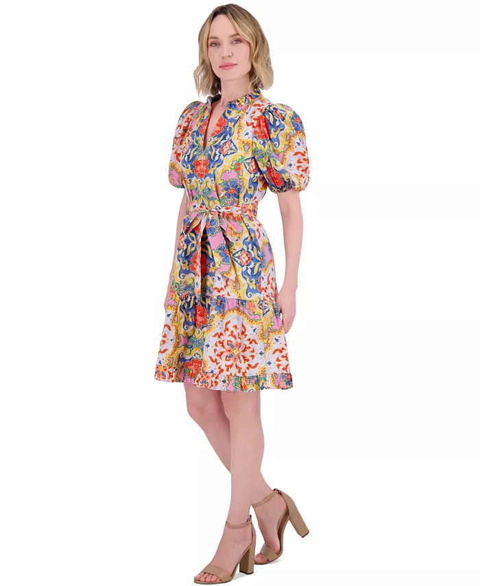Alfani Vince Camuto Women's Printed Cotton Tie-Waist A-Line Dress Women's Fashion Shoes & Accessories
