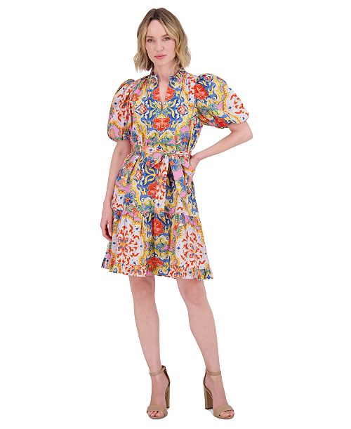 alfani Vince Camuto Women's Printed Cotton Tie-Waist A-Line Dress Women's Fashion Shoes & Accessories