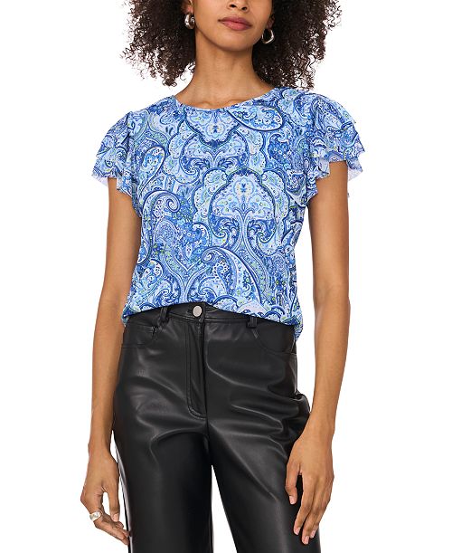 alfani Vince Camuto Women's Printed Flutter-Sleeve Top Women's Fashion Shoes & Accessories
