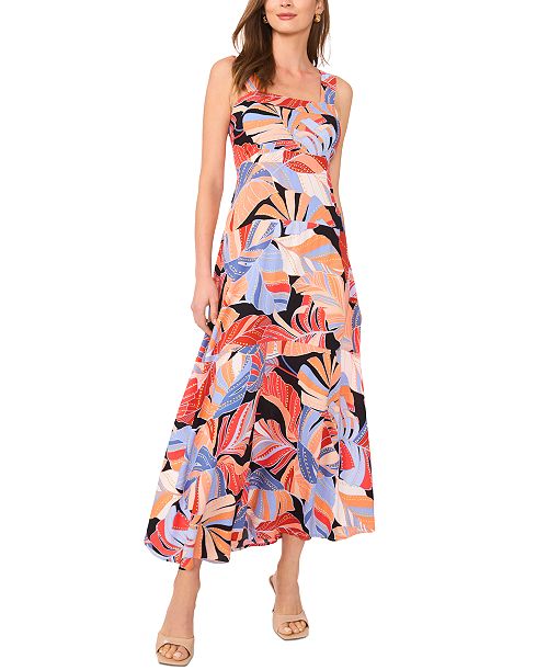 alfani Vince Camuto Women's Printed Square-Neck Smocked-Back Sleeveless Maxi Dress Women's Fashion Shoes & Accessories