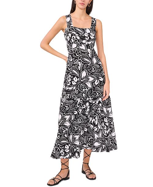 alfani Vince Camuto Women's Printed Square-Neck Smocked-Back Sleeveless Maxi Dress Women's Fashion Shoes & Accessories