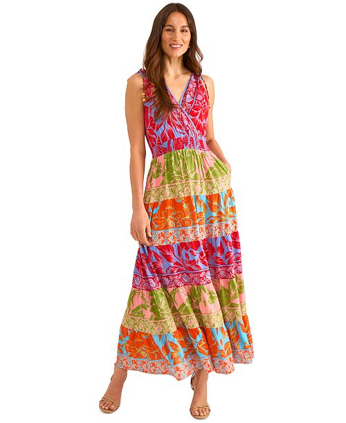 alfani Vince Camuto Women's Printed Surplice-Neck Maxi Dress Women's Fashion Shoes & Accessories