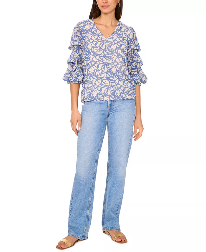 Alfani Vince Camuto Women's Printed V-Neck Lantern-Sleeve Top Women's Fashion Shoes & Accessories