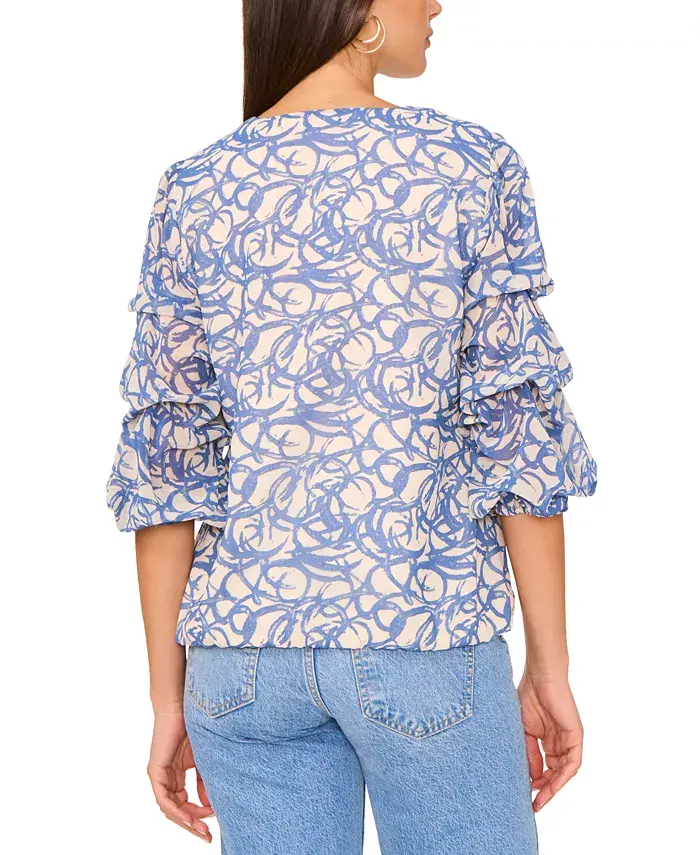 Alfani Vince Camuto Women's Printed V-Neck Lantern-Sleeve Top Women's Fashion Shoes & Accessories