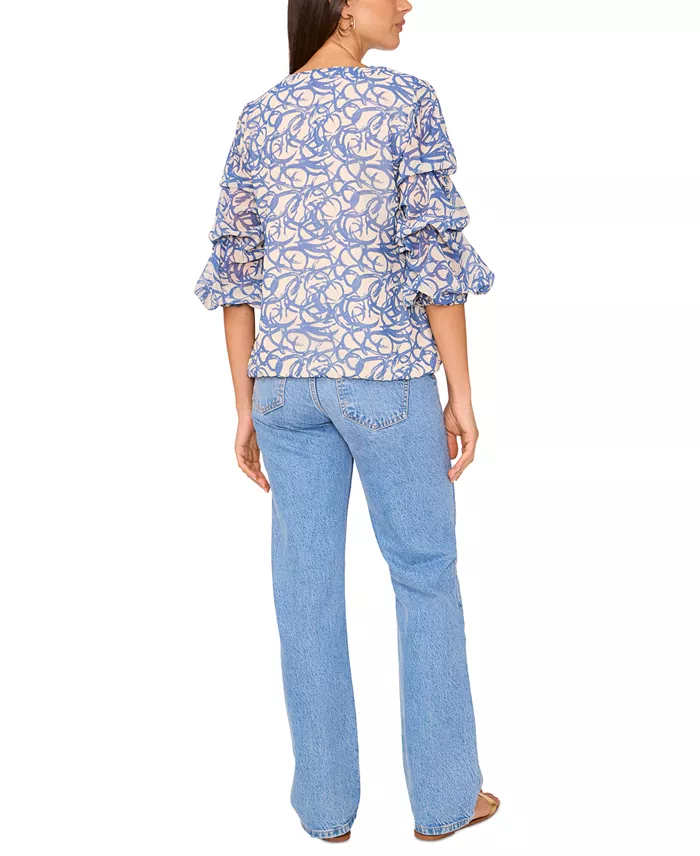 Alfani Vince Camuto Women's Printed V-Neck Lantern-Sleeve Top Women's Fashion Shoes & Accessories