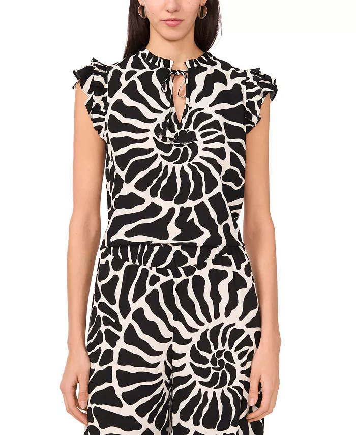 Alfani Vince Camuto Women's Spiral-Print Ruffle-Trim Split-Neck Top Women's Fashion Shoes & Accessories