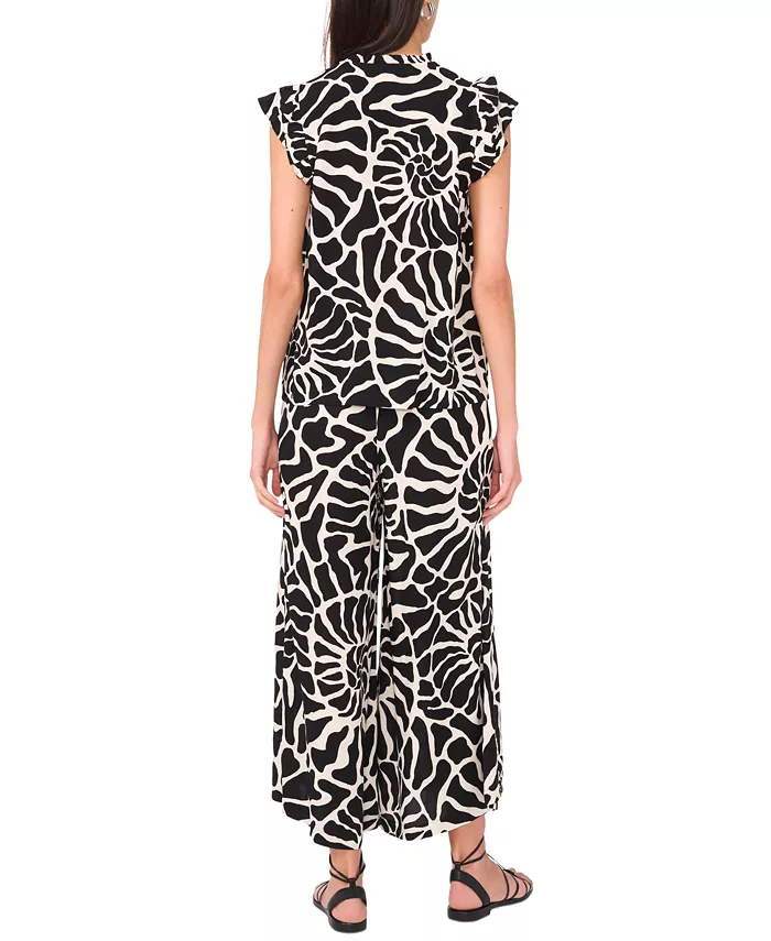 Alfani Vince Camuto Women's Spiral-Print Ruffle-Trim Split-Neck Top Women's Fashion Shoes & Accessories