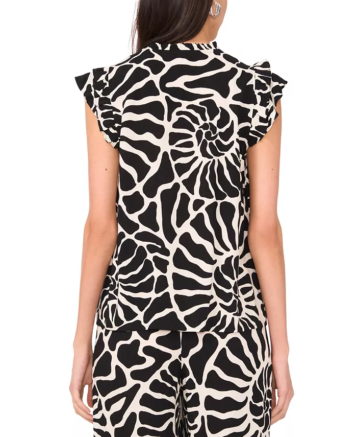 Alfani Vince Camuto Women's Spiral-Print Ruffle-Trim Split-Neck Top Women's Fashion Shoes & Accessories