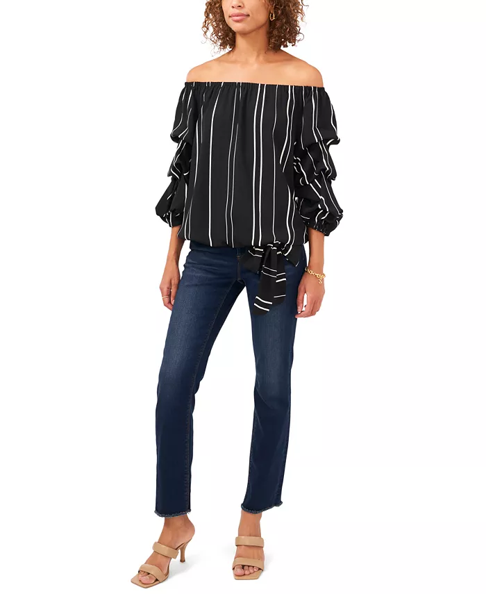 Alfani Vince Camuto Women's Striped Off-The-Shoulder Bubble 3/4-Sleeve Tie-Front Blouse Women's Fashion Shoes & Accessories