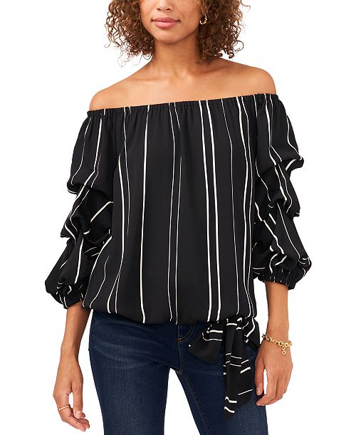 alfani Vince Camuto Women's Striped Off-The-Shoulder Bubble 3/4-Sleeve Tie-Front Blouse Women's Fashion Shoes & Accessories