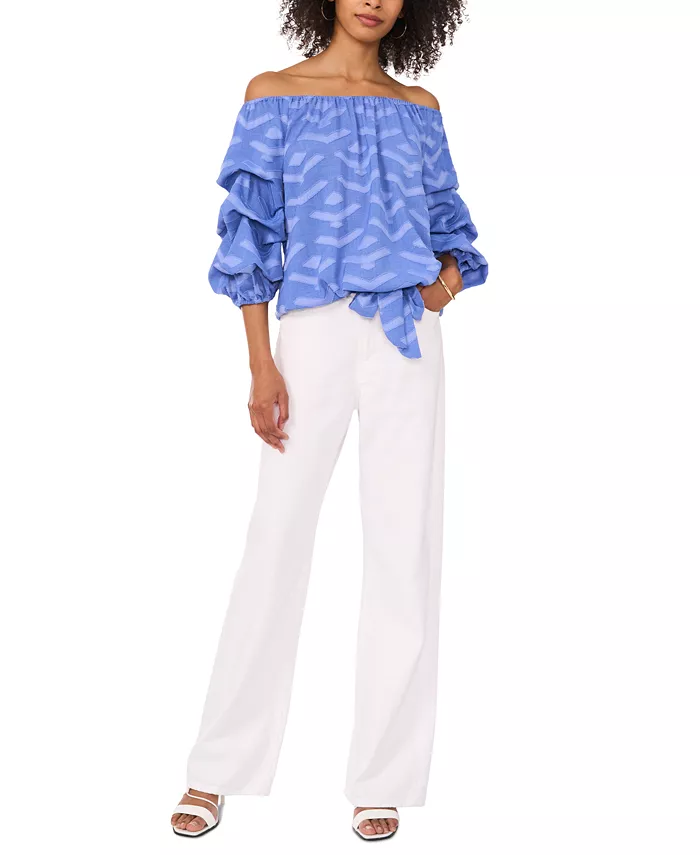 Alfani Vince Camuto Women's Textured Off-The-Shoulder Bubble 3/4-Sleeve Tie-Front Blouse Women's Fashion Shoes & Accessories