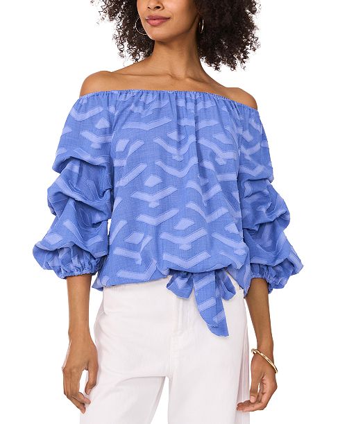alfani Vince Camuto Women's Textured Off-The-Shoulder Bubble 3/4-Sleeve Tie-Front Blouse Women's Fashion Shoes & Accessories