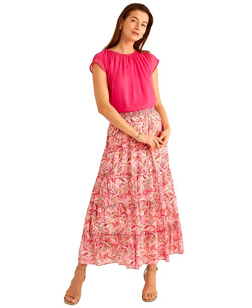 alfani Vince Camuto Women's Tiered Smocked-Waist Maxi Skirt Women's Fashion Shoes & Accessories