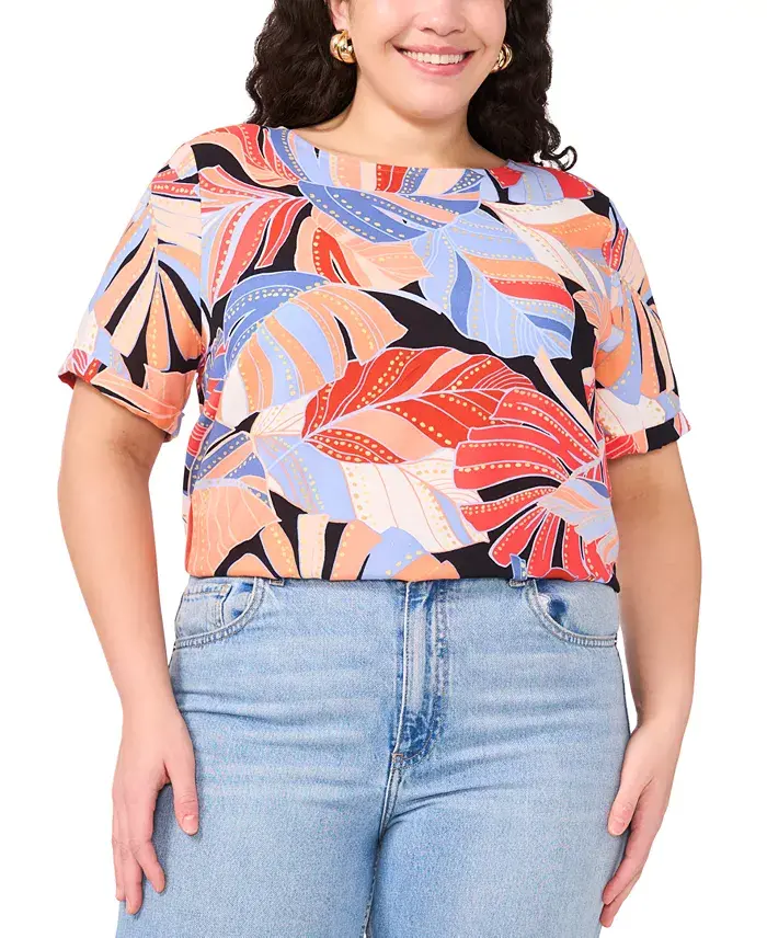 Alfani Vince Camuto Women's Tropical-Print Round-Neck Keyhole-Back Cuff-Sleeve Top XS-3X Women's Fashion Shoes & Accessories